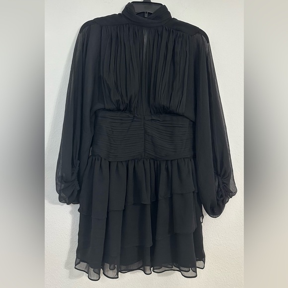 NWT Express Black Mock Neck Long Sleeve Pleated Waist Tiered Ruffle Mini Dress - Picture 3 of 16
